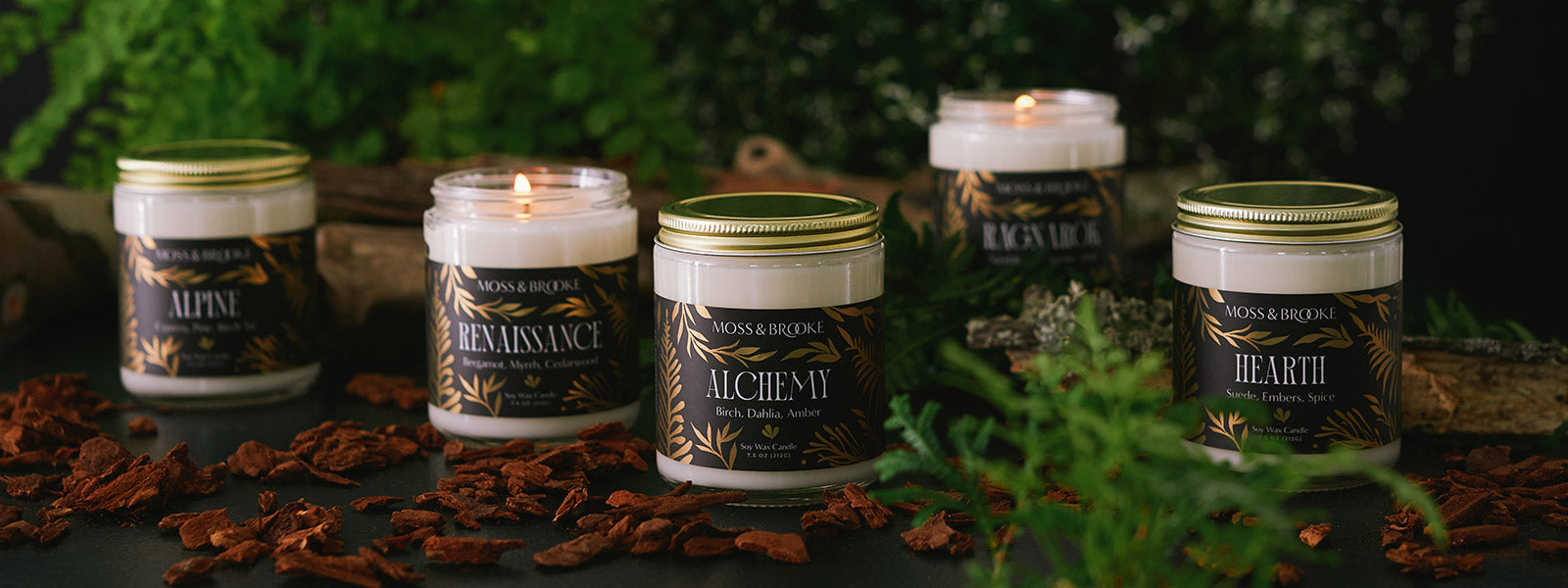 Moss & Brooke about page banner artwork of botanical inspired candle range with gold foil.