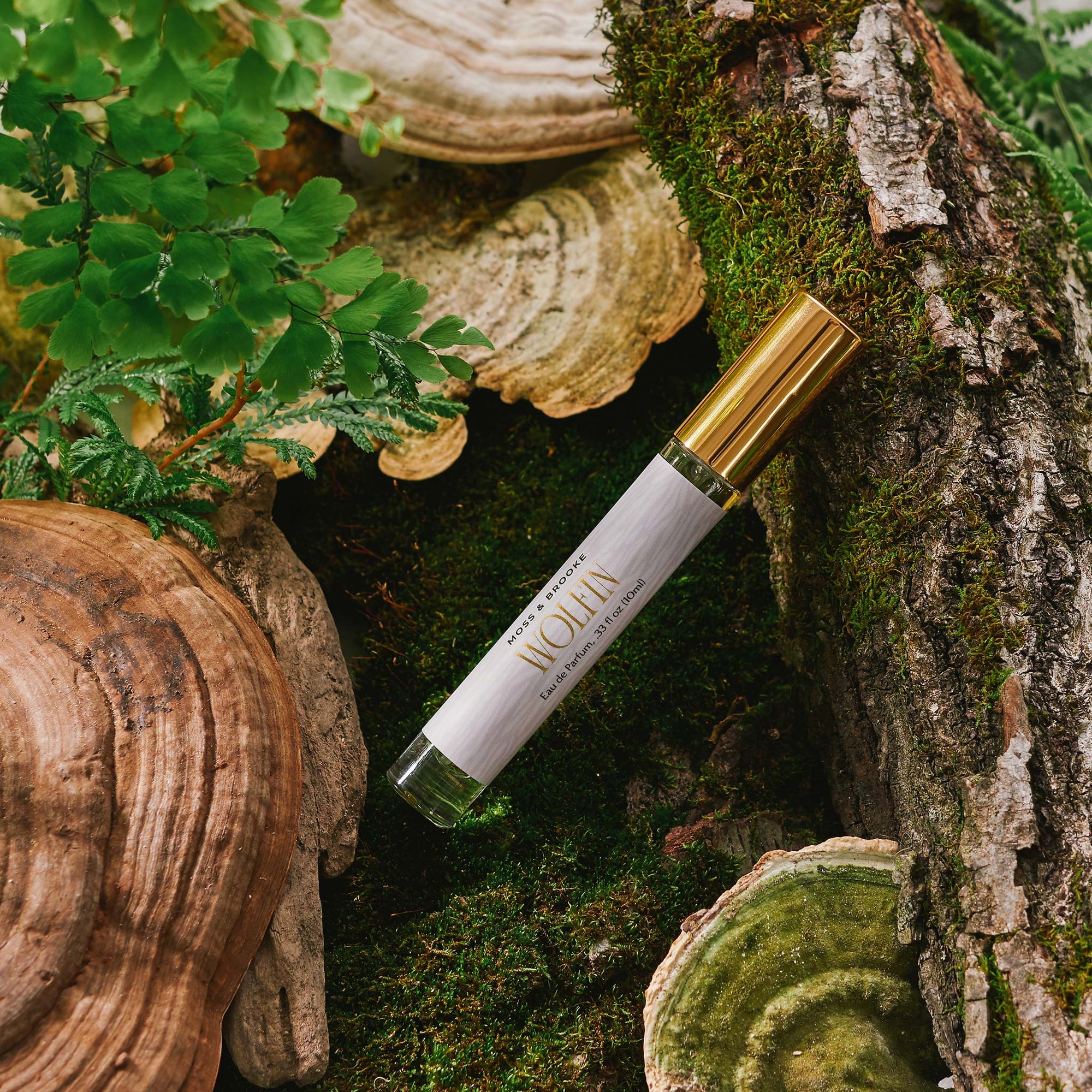 Image of Moss & Brooke Wolfin Eau de Perfum sitting in a forest background of moss and logs. The botanical inspired fragrance features plastic free packaging, the glass bottle with gold lid looking sophisticated with a minimal gold foil label.