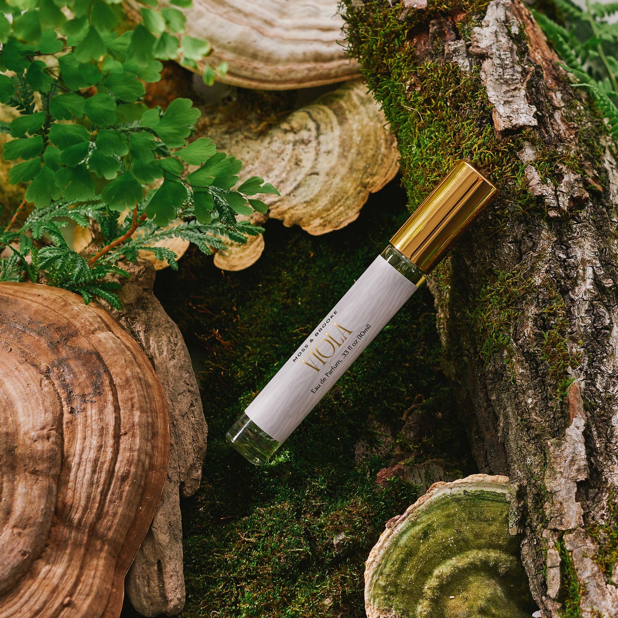 Clear bottle of Moss and Brooke Viola perfume on lush background of moss, logs and mushrooms. Violet sandalwood scented natural botanical perfume.
