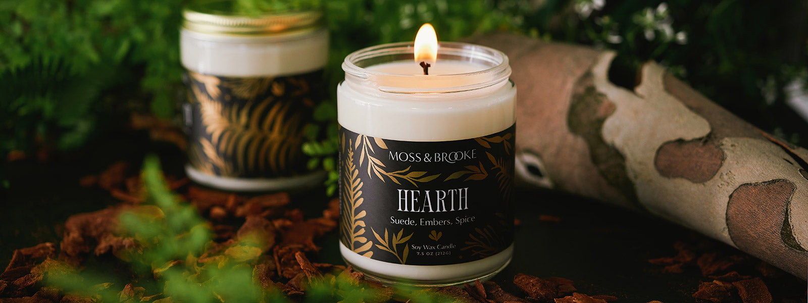 Moss & Brooke Hearth Candle sits in a forest setting, it's gold foil on black label bringing a sophisticated option for gifting.