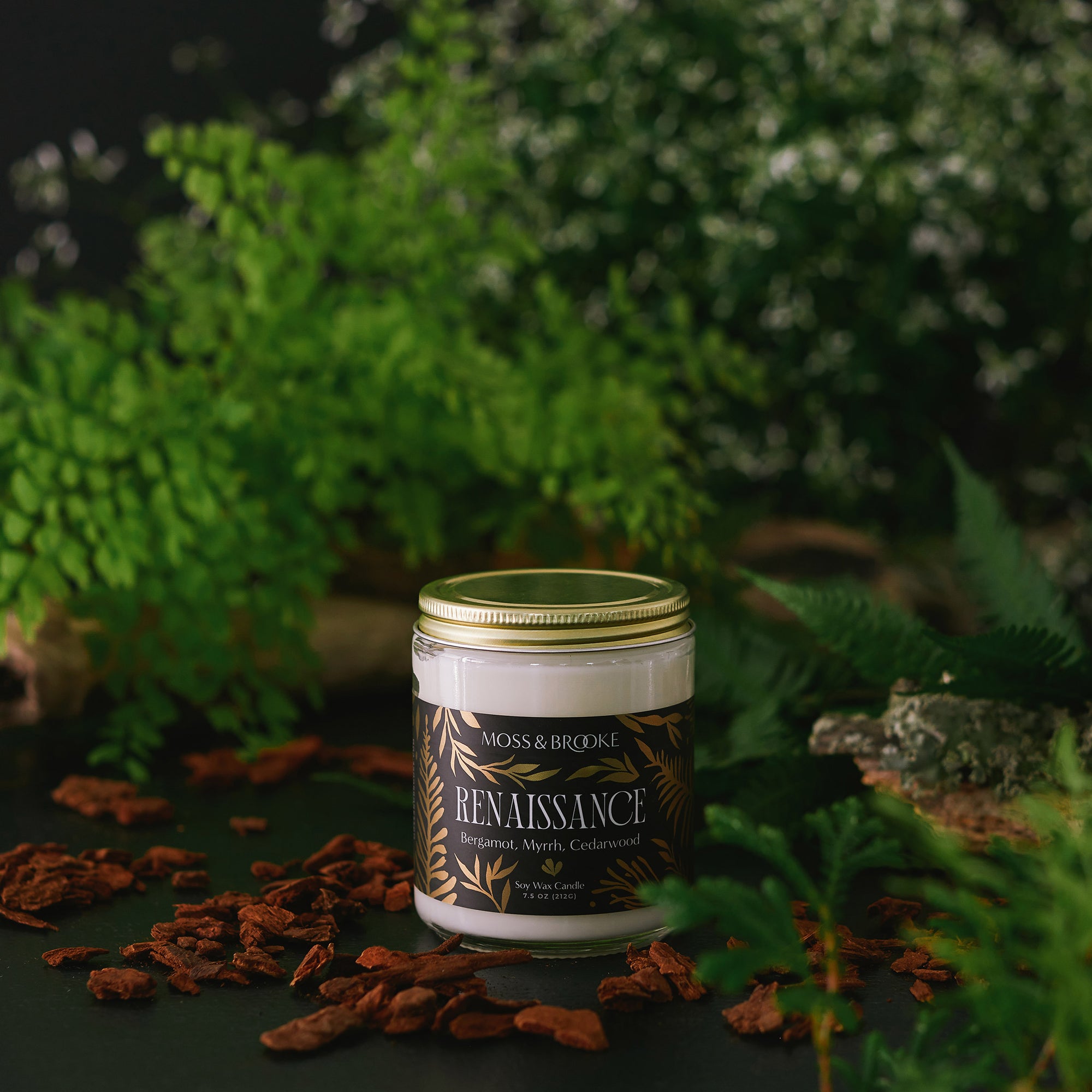 Moss and Brooke Renaissance candle on a sophisticated forest background with ferns and flowers. 