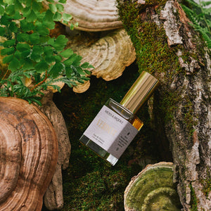 Moss and Brooke Verdant perfume in clear glass bottle with gold cap on forest background of moss, mushrooms and wood. 